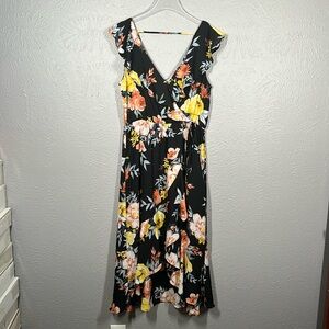 Socialite Black Ruffle Floral Print Faux Wrap Dress Women's Size Medium
